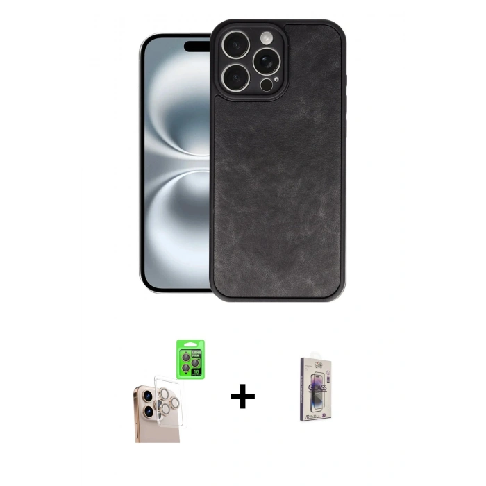 MARSİLYAN™- iPhone 16 Pro Max Kılıf Kıvılcım Işık Serisi - Siyah Bilvis 3D Cam Ekran Koruyucu + Natural Grey Raze Metal Kamera Lens