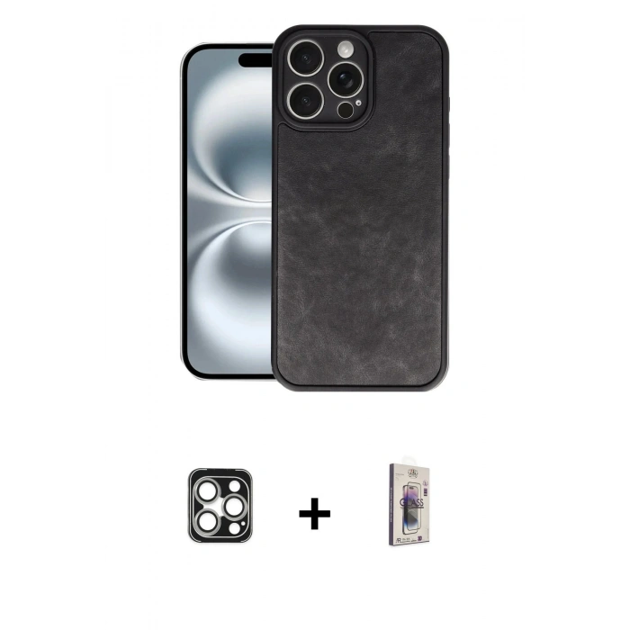 MARSİLYAN™- iPhone 16 Pro Max Kılıf Kıvılcım Işık Serisi - Siyah Bilvis 3D Cam Ekran Koruyucu + PVD Metal Kamera Lens - GS