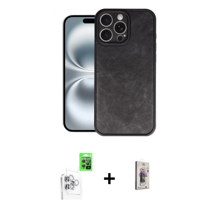 MARSİLYAN™- iPhone 16 Pro Max Kılıf Kıvılcım Işık Serisi - Siyah Bilvis 3D Cam Ekran Koruyucu + Raze Metal Kamera Lens - BZ