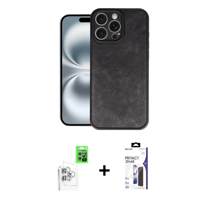 MARSİLYAN™- iPhone 16 Pro Max Kılıf Kıvılcım Işık Serisi - Siyah Bilvis 3X AR Hayalet Cam Ekran Koruyucu + Raze Metal Kamera Lens - BZ