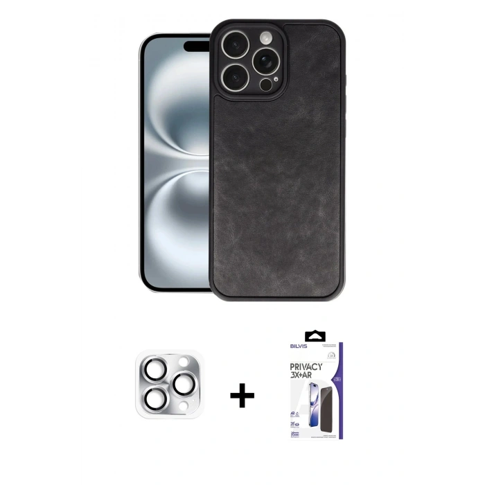 MARSİLYAN™- iPhone 16 Pro Max Kılıf Kıvılcım Işık Serisi - Siyah Bilvis 3X AR Hayalet Cam Ekran Koruyucu + Pers Alüminyum Kamera Lens - GS