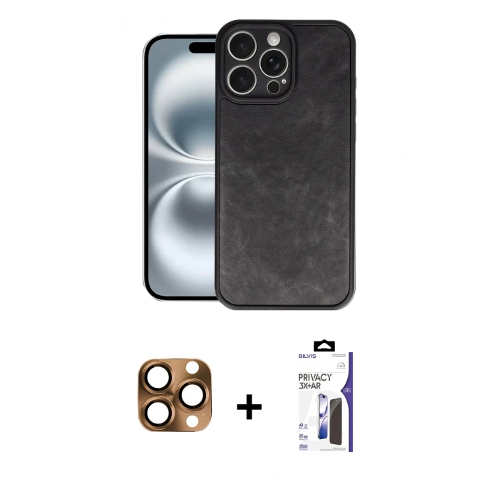 MARSİLYAN™- iPhone 16 Pro Max Kılıf Kıvılcım Işık Serisi - Siyah Bilvis 3X AR Hayalet Cam Ekran Koruyucu + Pers Alüminyum Kamera Lens - CLTM