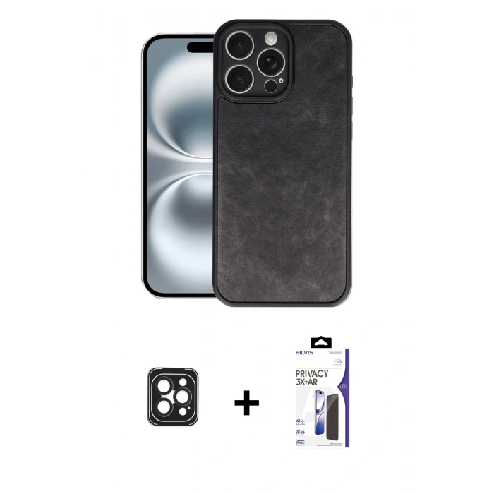 MARSİLYAN™- iPhone 16 Pro Max Kılıf Kıvılcım Işık Serisi - Siyah Bilvis 3X AR Hayalet Cam Ekran Koruyucu + PVD Metal Kamera Lens - SH