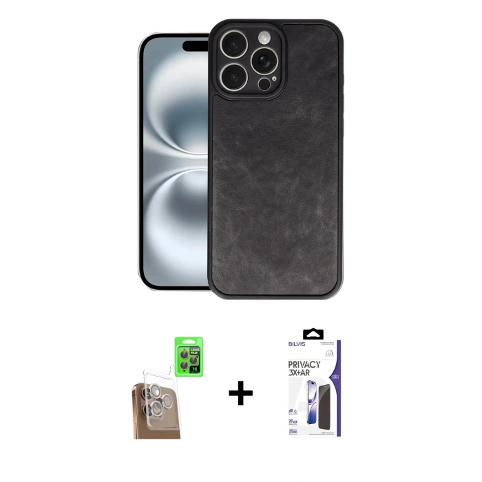 MARSİLYAN™- iPhone 16 Pro Max Kılıf Kıvılcım Işık Serisi - Siyah Bilvis 3X AR Hayalet Cam Ekran Koruyucu + Raze Metal Kamera Lens - CLTM