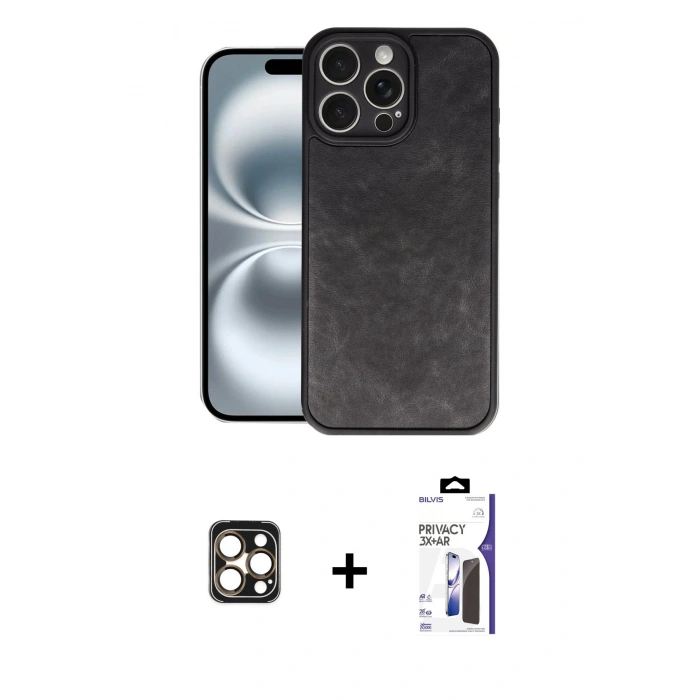 MARSİLYAN™- iPhone 16 Pro Max Kılıf Kıvılcım Işık Serisi - Siyah Bilvis 3X AR Hayalet Cam Ekran Koruyucu + PVD Metal Kamera Lens - GD