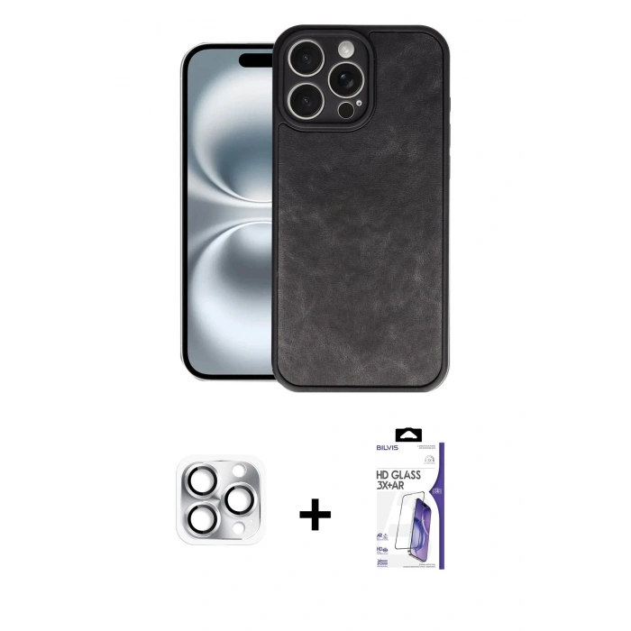 MARSİLYAN™- iPhone 16 Pro Max Kılıf Kıvılcım Işık Serisi - Siyah Bilvis 3X AR HD Cam Ekran Koruyucu + Pers Alüminyum Kamera Lens - GS