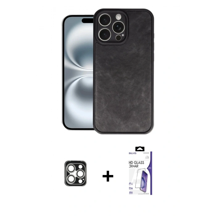 MARSİLYAN™- iPhone 16 Pro Max Kılıf Kıvılcım Işık Serisi - Siyah Bilvis 3X AR HD Cam Ekran Koruyucu + PVD Metal Kamera Lens - GS
