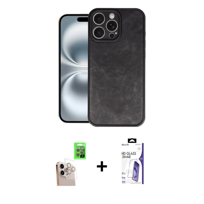 MARSİLYAN™- iPhone 16 Pro Max Kılıf Kıvılcım Işık Serisi - Siyah Bilvis 3X AR HD Cam Ekran Koruyucu + Raze Metal Kamera Lens - NLGY