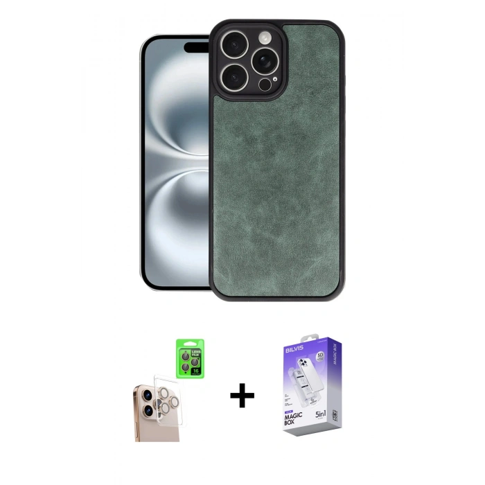 MARSİLYAN™- iPhone 16 Pro Max Kılıf Kıvılcım Işık Serisi - Siyah Bilvis 5in1 3D Magic Cam Ekran Koruyucu + Natural Grey Raze Metal Kamera Lens