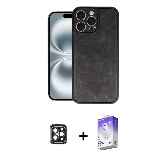 MARSİLYAN™- iPhone 16 Pro Max Kılıf Kıvılcım Işık Serisi - Siyah Bilvis 5in1 3D Magic Cam Ekran Koruyucu + PVD Metal Kamera Lens - SH