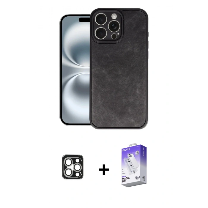MARSİLYAN™- iPhone 16 Pro Max Kılıf Kıvılcım Işık Serisi - Siyah Bilvis 5in1 3D Magic Cam Ekran Koruyucu + PVD Metal Kamera Lens - GS