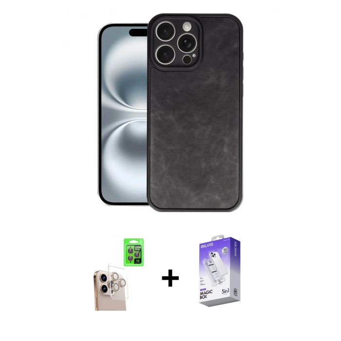 MARSİLYAN™- iPhone 16 Pro Max Kılıf Kıvılcım Işık Serisi - Siyah Bilvis 5in1 3D Magic Cam Ekran Koruyucu + Natural Grey Raze Metal Kamera Lens