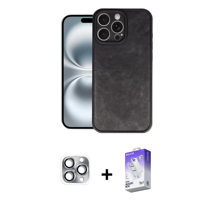 MARSİLYAN™- iPhone 16 Pro Max Kılıf Kıvılcım Işık Serisi - Siyah Bilvis 5in1 3D Magic Cam Ekran Koruyucu + Pers Alüminyum Kamera Lens - GI