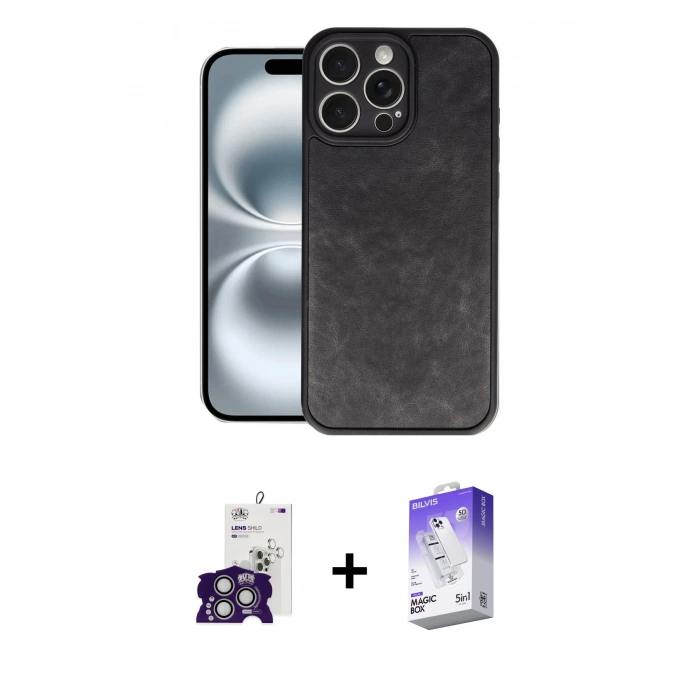 MARSİLYAN™- iPhone 16 Pro Max Kılıf Kıvılcım Işık Serisi - Siyah Bilvis 5in1 3D Magic Cam Ekran Koruyucu + Bilvis Titan Kamera Lens - GS