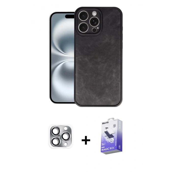 MARSİLYAN™- iPhone 16 Pro Max Kılıf Kıvılcım Işık Serisi - Siyah Bilvis 5in1 5D Magic Hayalet Cam Ekran Koruyucu + Gri Pers Alüminyum Kamera Lens