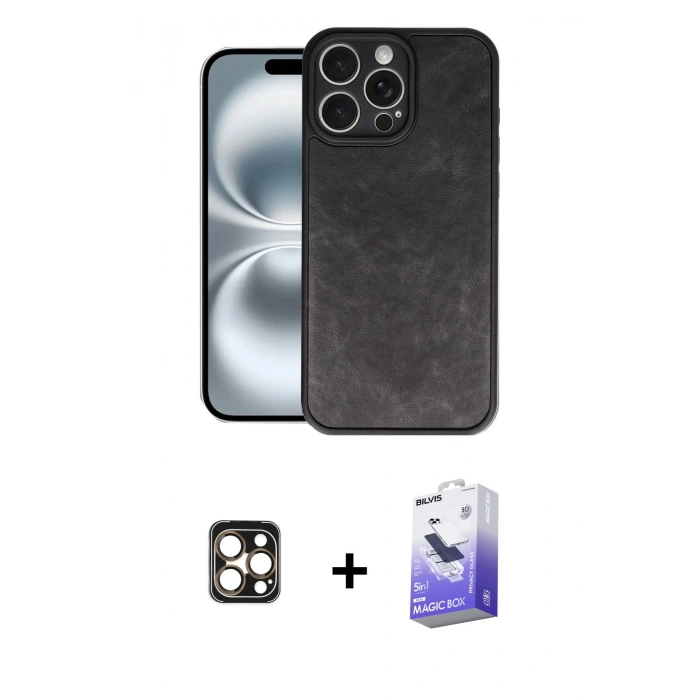 MARSİLYAN™- iPhone 16 Pro Max Kılıf Kıvılcım Işık Serisi - Siyah Bilvis 5in1 5D Magic Hayalet Cam Ekran Koruyucu + PVD Metal Kamera Lens - GD