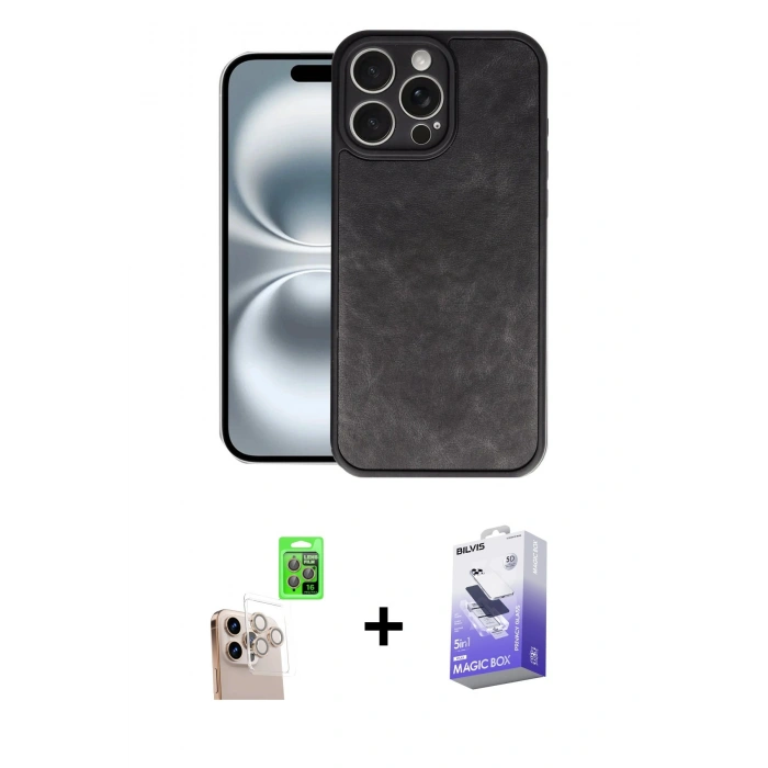 MARSİLYAN™- iPhone 16 Pro Max Kılıf Kıvılcım Işık Serisi - Siyah Bilvis 5in1 5D Magic Hayalet Cam Ekran Koruyucu + Raze Metal Kamera Lens - NLGY