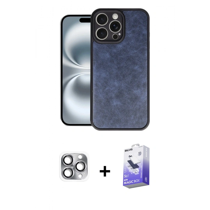 MARSİLYAN™- iPhone 16 Pro Max Kılıf Kıvılcım Işık Serisi - Siyah Bilvis 5in1 5D Magic Hayalet Cam Ekran Koruyucu + Gri Pers Alüminyum Kamera Lens