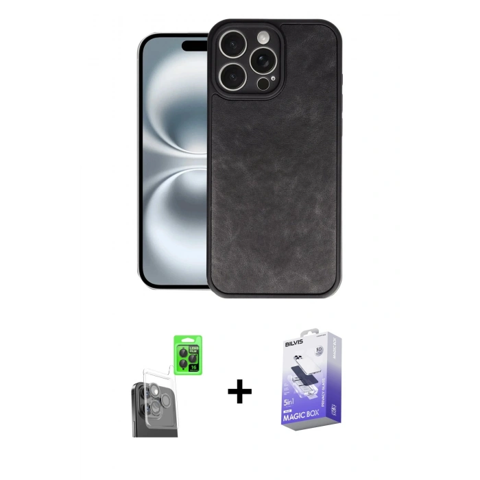 MARSİLYAN™- iPhone 16 Pro Max Kılıf Kıvılcım Işık Serisi - Siyah Bilvis 5in1 5D Magic Hayalet Cam Ekran Koruyucu + Raze Metal Kamera Lens - SH