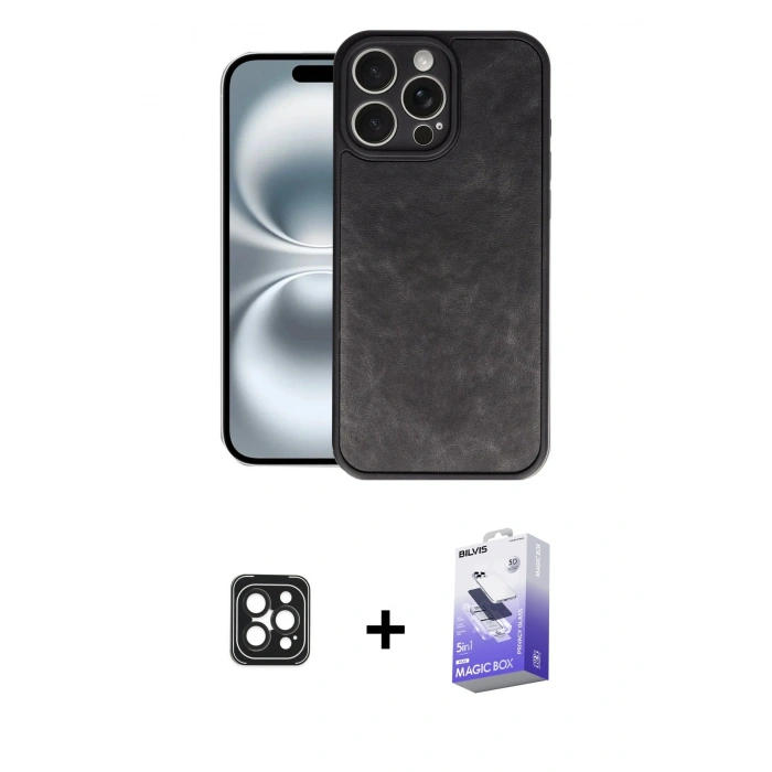 MARSİLYAN™- iPhone 16 Pro Max Kılıf Kıvılcım Işık Serisi - Siyah Bilvis 5in1 5D Magic Hayalet Cam Ekran Koruyucu + PVD Metal Kamera Lens - SH