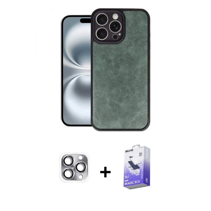 MARSİLYAN™- iPhone 16 Pro Max Kılıf Kıvılcım Işık Serisi - Siyah Bilvis 5in1 5D Magic Hayalet Cam Ekran Koruyucu + Gri Pers Alüminyum Kamera Lens