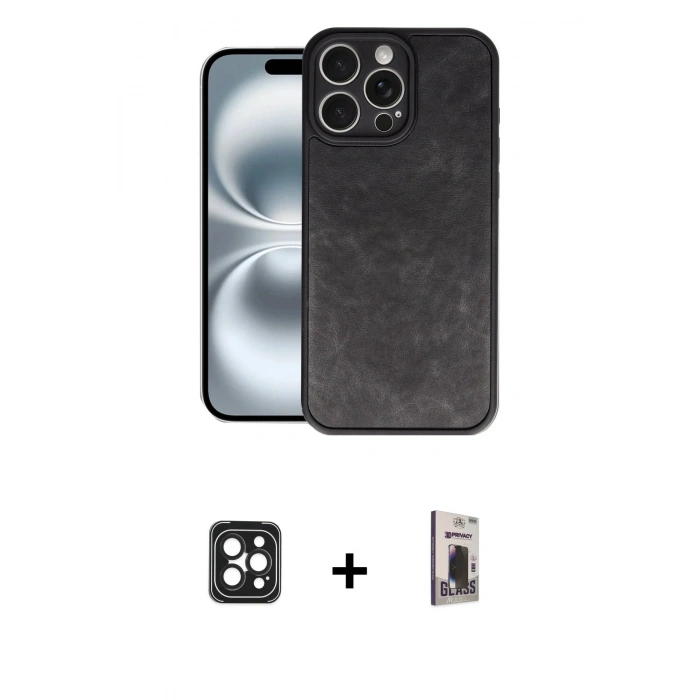 MARSİLYAN™- iPhone 16 Pro Max Kılıf Kıvılcım Işık Serisi - Siyah Bilvis Hayalet Cam Ekran Koruyucu + PVD Metal Kamera Lens - SH