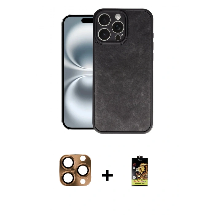 MARSİLYAN™- iPhone 16 Pro Max Kılıf Kıvılcım Işık Serisi - Siyah Buffer Cam Ekran Koruyucu + Pers Alüminyum Kamera Lens - CLTM