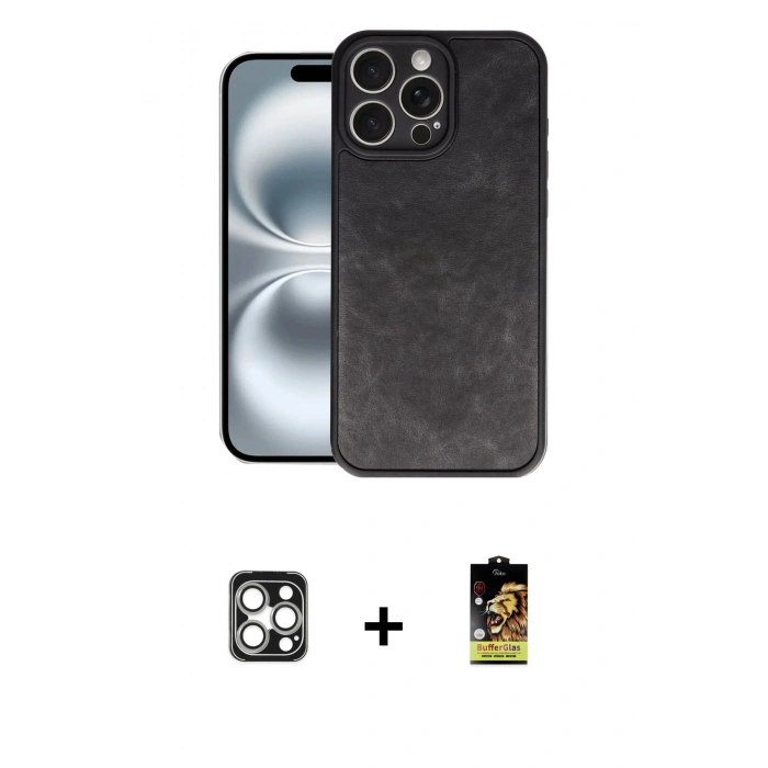 MARSİLYAN™- iPhone 16 Pro Max Kılıf Kıvılcım Işık Serisi - Siyah Buffer Cam Ekran Koruyucu + Gümüş PVD Metal Kamera Lens