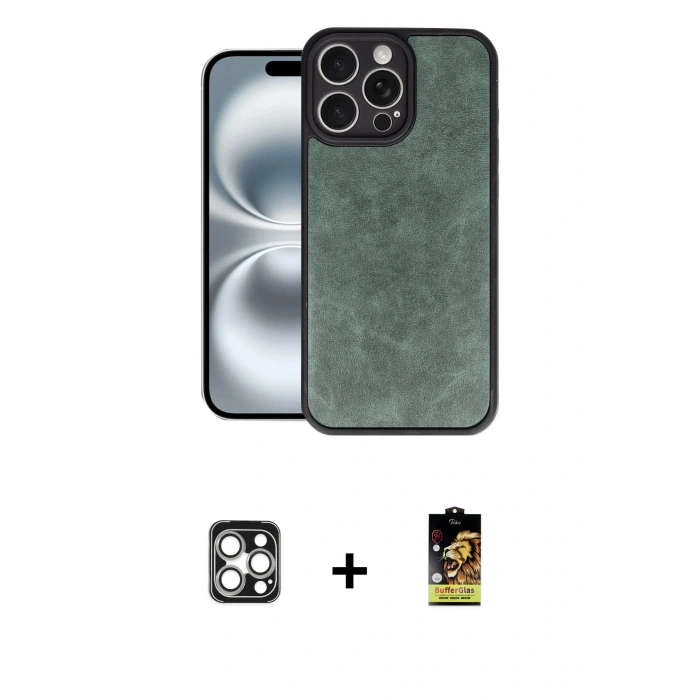 MARSİLYAN™- iPhone 16 Pro Max Kılıf Kıvılcım Işık Serisi - Siyah Buffer Cam Ekran Koruyucu + Gümüş PVD Metal Kamera Lens