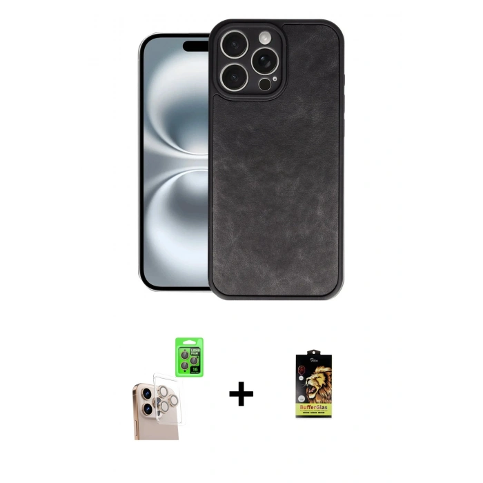 MARSİLYAN™- iPhone 16 Pro Max Kılıf Kıvılcım Işık Serisi - Siyah Buffer Cam Ekran Koruyucu + Raze Metal Kamera Lens - NLGY