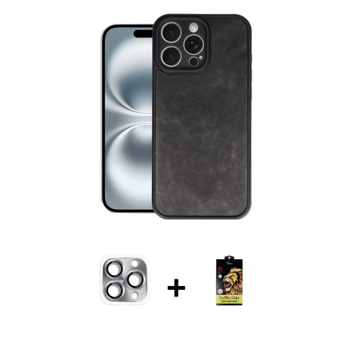 MARSİLYAN™- iPhone 16 Pro Max Kılıf Kıvılcım Işık Serisi - Siyah Buffer Cam Ekran Koruyucu + Pers Alüminyum Kamera Lens - GI