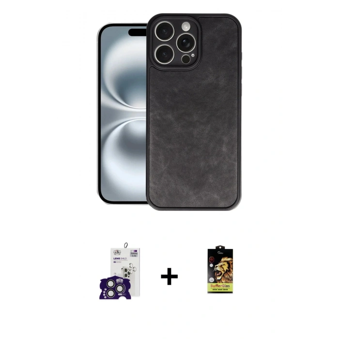 MARSİLYAN™- iPhone 16 Pro Max Kılıf Kıvılcım Işık Serisi - Siyah Buffer Cam Ekran Koruyucu + Titanyum Gri Bilvis Titan Kamera Lens