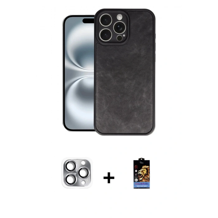 MARSİLYAN™- iPhone 16 Pro Max Kılıf Kıvılcım Işık Serisi - Siyah Buffer Hayalet Cam Ekran Koruyucu + Gri Pers Alüminyum Kamera Lens