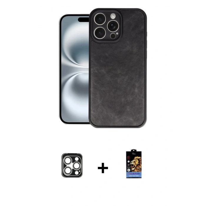 MARSİLYAN™- iPhone 16 Pro Max Kılıf Kıvılcım Işık Serisi - Siyah Buffer Hayalet Cam Ekran Koruyucu + PVD Metal Kamera Lens - GS