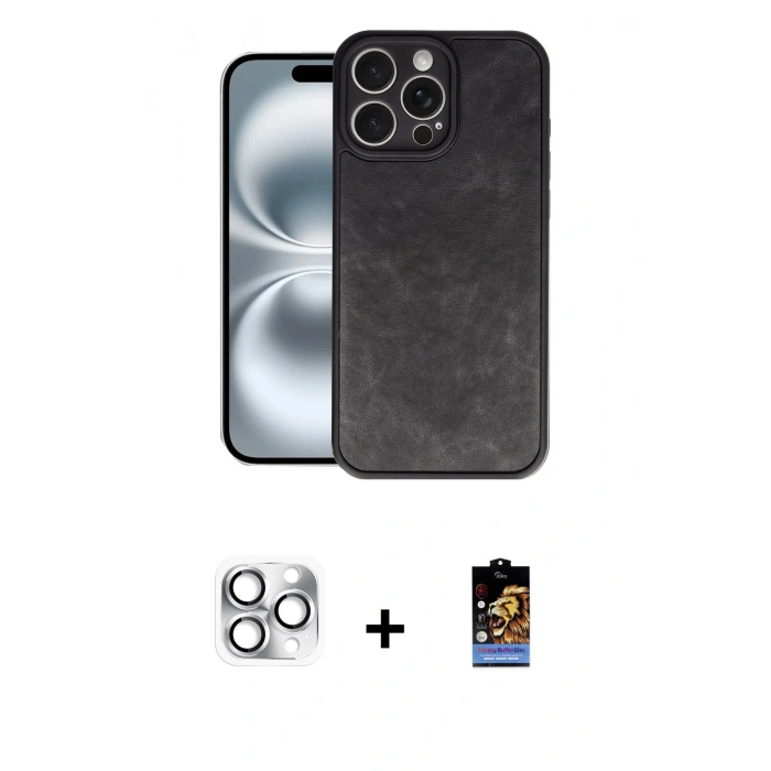 MARSİLYAN™- iPhone 16 Pro Max Kılıf Kıvılcım Işık Serisi - Siyah Buffer Hayalet Cam Ekran Koruyucu + Pers Alüminyum Kamera Lens - GS