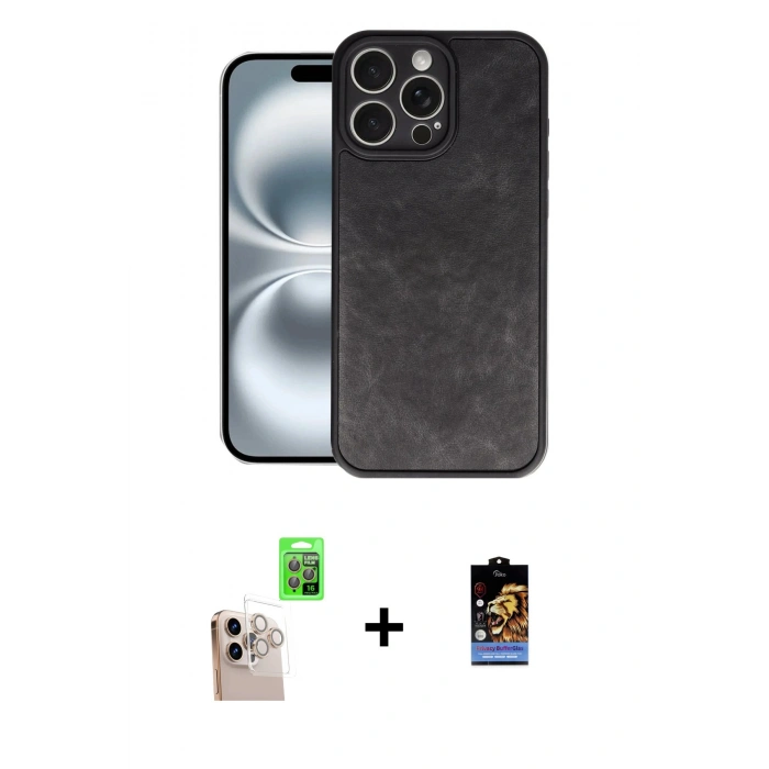 MARSİLYAN™- iPhone 16 Pro Max Kılıf Kıvılcım Işık Serisi - Siyah Buffer Hayalet Cam Ekran Koruyucu + Raze Metal Kamera Lens - NLGY
