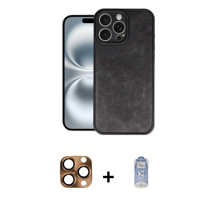 MARSİLYAN™- iPhone 16 Pro Max Kılıf Kıvılcım Işık Serisi - Siyah Joko Magic 5D Cam + Çöl Titanyum Pers Alüminyum Kamera Lens