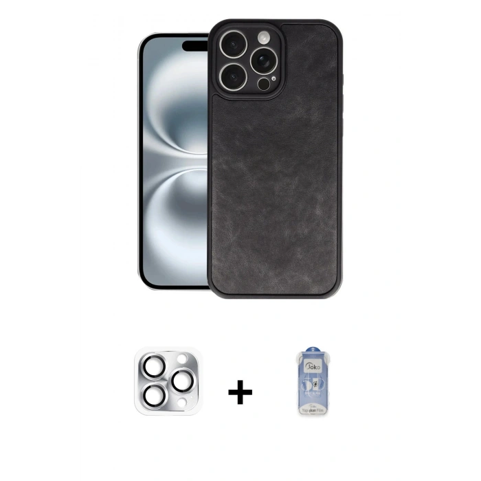MARSİLYAN™- iPhone 16 Pro Max Kılıf Kıvılcım Işık Serisi - Siyah Joko Magic 5D Cam + Gümüş Pers Alüminyum Kamera Lens