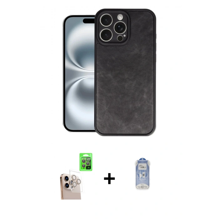 MARSİLYAN™- iPhone 16 Pro Max Kılıf Kıvılcım Işık Serisi - Siyah Joko Magic 5D Cam + Natural Grey Raze Metal Kamera Lens