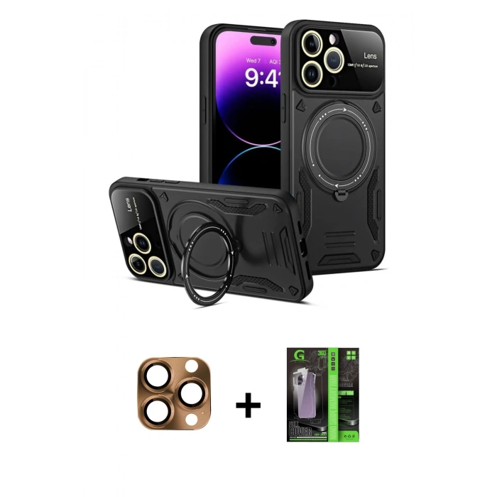 MARSİLYAN™- iPhone 16 Pro Max Kılıf Kıvılcım Modern Serisi - Şeffaf 360 Full Body Arka Koruyucu + Çöl Titanyum Pers Alüminyum Kamera Lens
