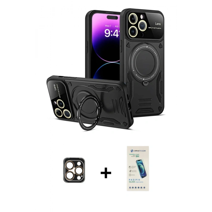 MARSİLYAN™- iPhone 16 Pro Max Kılıf Kıvılcım Modern Serisi - Şeffaf Pasifik Cam Ekran Koruyucu + PVD Metal Kamera Lens - GD