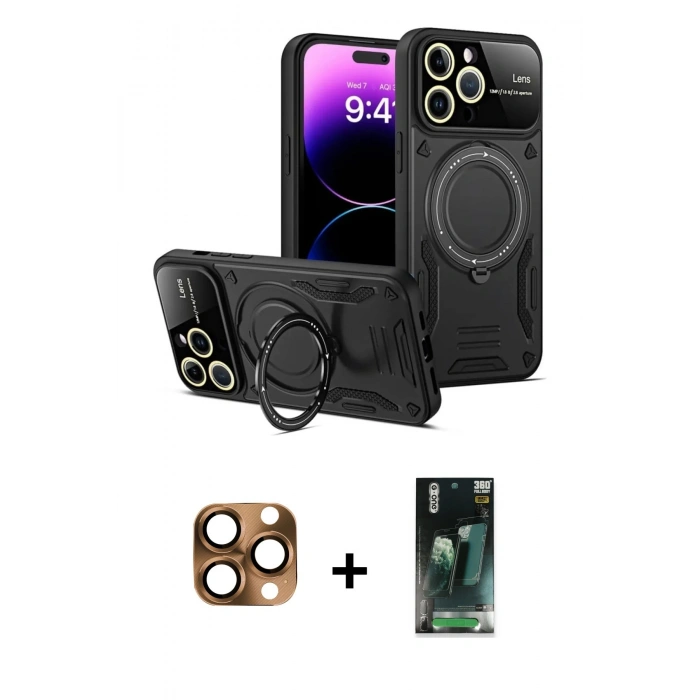MARSİLYAN™- iPhone 16 Pro Max Kılıf Kıvılcım Modern Serisi - Siyah 360 Mat Full Body Arka Koruyucu + Pers Alüminyum Kamera Lens - CLTM
