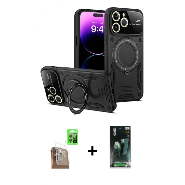MARSİLYAN™- iPhone 16 Pro Max Kılıf Kıvılcım Modern Serisi - Siyah 360 Mat Full Body Arka Koruyucu + Çöl Titanyum Raze Metal Kamera Lens