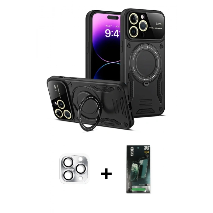 MARSİLYAN™- iPhone 16 Pro Max Kılıf Kıvılcım Modern Serisi - Siyah 360 Mat Full Body Arka Koruyucu + Pers Alüminyum Kamera Lens - GS