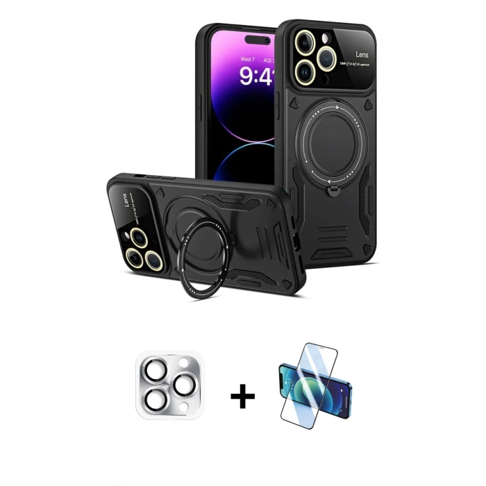 MARSİLYAN™- iPhone 16 Pro Max Kılıf Kıvılcım Modern Serisi - Siyah 3D Antistatik Cam Ekran Koruyucu + Pers Alüminyum Kamera Lens - GS