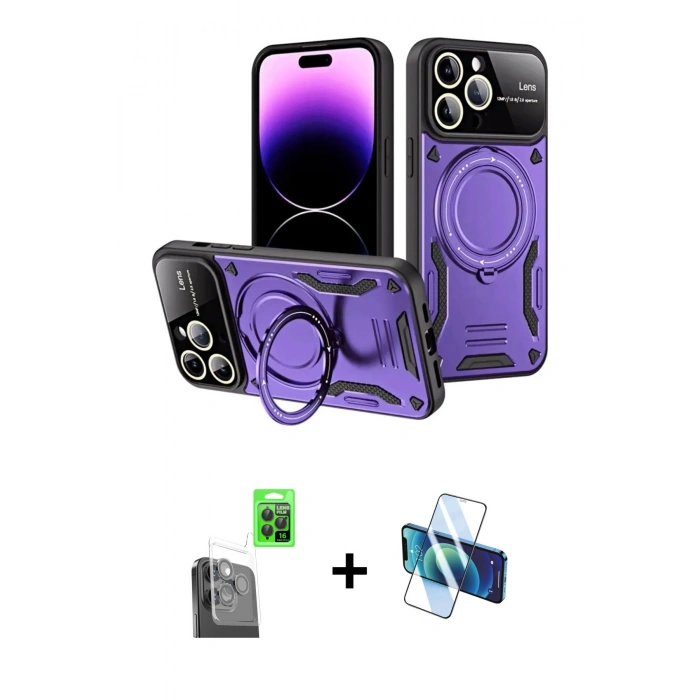 MARSİLYAN™- iPhone 16 Pro Max Kılıf Kıvılcım Modern Serisi - Siyah 3D Antistatik Cam Ekran Koruyucu + Raze Metal Kamera Lens - SH