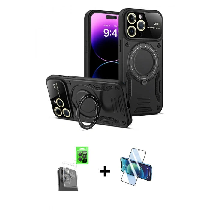 MARSİLYAN™- iPhone 16 Pro Max Kılıf Kıvılcım Modern Serisi - Siyah 3D Antistatik Cam Ekran Koruyucu + Raze Metal Kamera Lens - SH