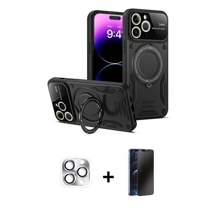 MARSİLYAN™- iPhone 16 Pro Max Kılıf Kıvılcım Modern Serisi - Siyah 3D Antistatik Hayalet Cam Ekran Koruyucu + Pers Alüminyum Kamera Lens - GS