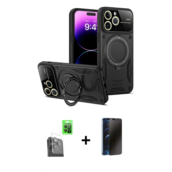 MARSİLYAN™- iPhone 16 Pro Max Kılıf Kıvılcım Modern Serisi - Siyah 3D Antistatik Hayalet Cam Ekran Koruyucu + Raze Metal Kamera Lens - SH