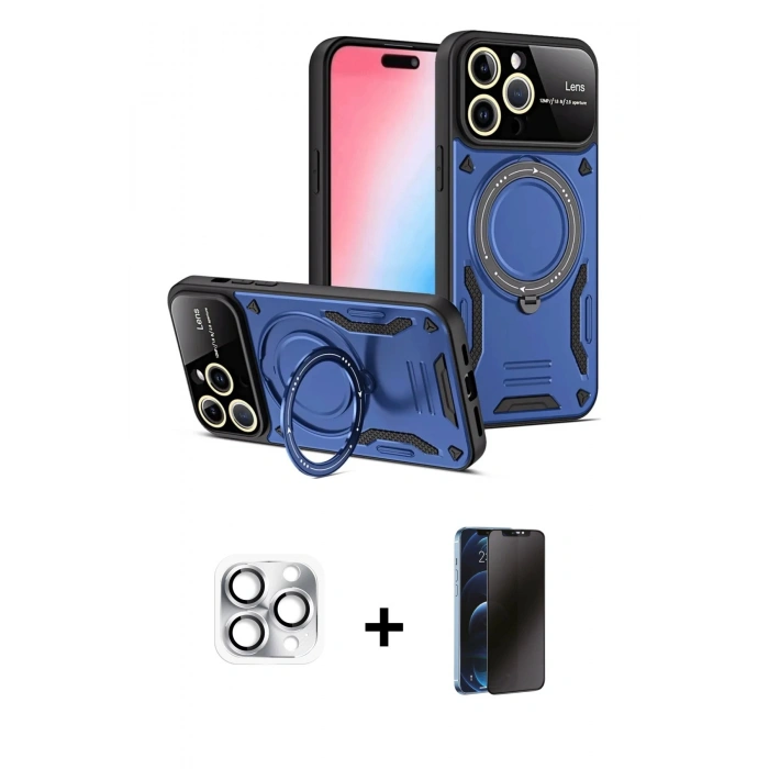 MARSİLYAN™- iPhone 16 Pro Max Kılıf Kıvılcım Modern Serisi - Siyah 3D Antistatik Hayalet Cam Ekran Koruyucu + Pers Alüminyum Kamera Lens - GS